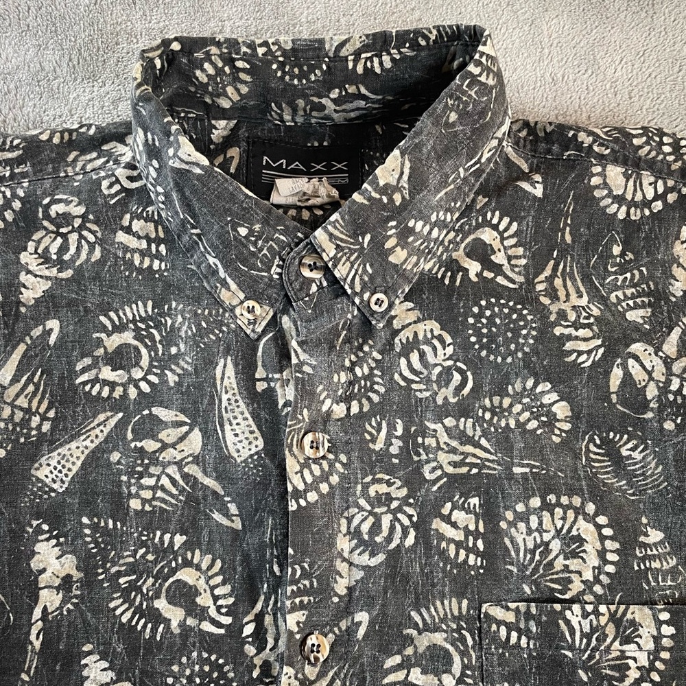 VTG Hawaiian Sea Shells Aloha Button Shirt Maxx FM Mens Large Made In USA Gray